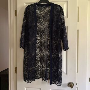 Le Bos Navy Blue Lace Duster Open Front Cardigan Cover Up Plus Size 16